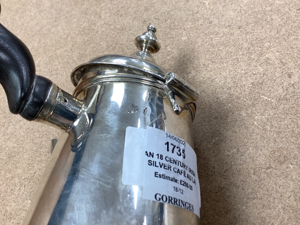 An 18 century Irish silver café au lait pot, indistinct marks, circa 1770?, height 20.8 cm, 20.5 oz (patched).